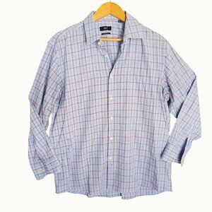 size 17, 32/33 Hugo Boss Mens plaid Button-Up Shirt blue/purple (sml stain)